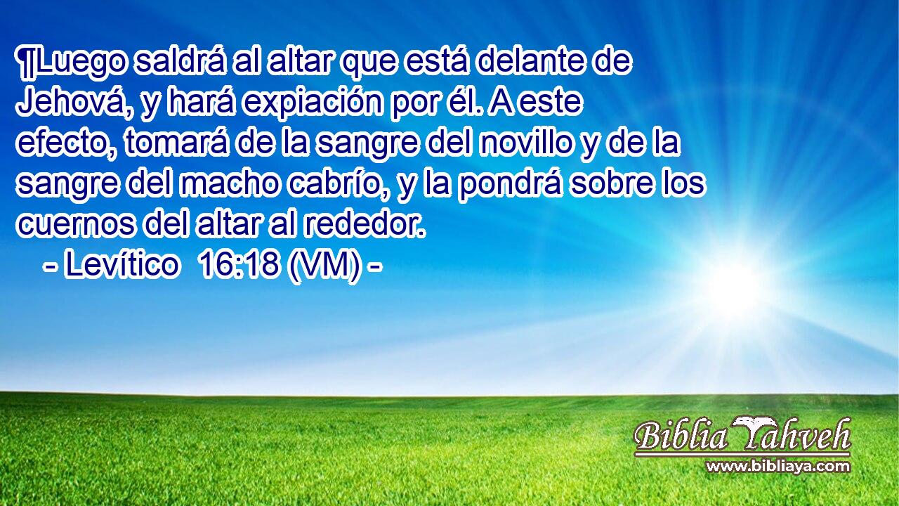  ¶Luego saldrá al altar que está delante de Jehová, y hará expiación por él. A este efecto, tomará de la sangre del novillo y de la sangre del macho cabrío, y la pondrá sobre los cuernos del altar al rededor. 