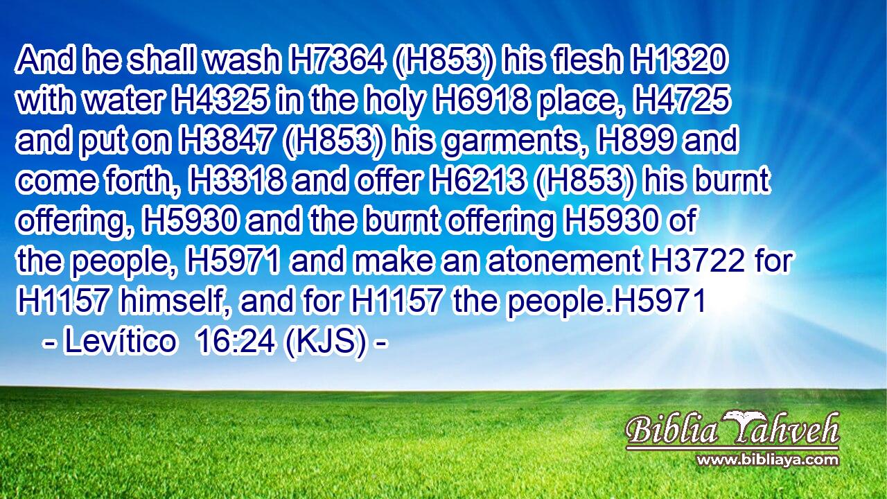 And he shall wash H7364 (H853) his flesh H1320 with water H4325 in the holy H6918 place, H4725 and put on H3847 (H853) his garments, H899 and come forth, H3318 and offer H6213 (H853) his burnt offering, H5930 and the burnt offering H5930 of the people, H5971 and make an atonement H3722 for H1157 himself, and for H1157 the people.H5971
