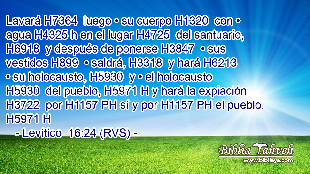 Lavará H7364  luego • su cuerpo H1320  con • agua H4325 h en el lugar H4725  del santuario, H6918  y después de ponerse H3847  • sus vestidos H899  • saldrá, H3318  y hará H6213  • su holocausto, H5930  y • el holocausto H5930  del pueblo, H5971 H y hará la expiación H3722  por H1157 PH sí y por H1157 PH el pueblo. H5971 H 