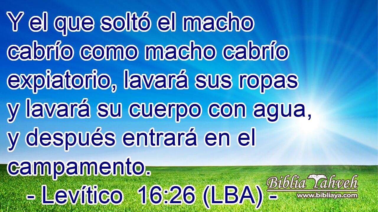 Y el que soltó el macho cabrío como macho cabrío expiatorio, lavará sus ropas y lavará su cuerpo con agua, y después entrará en el campamento.