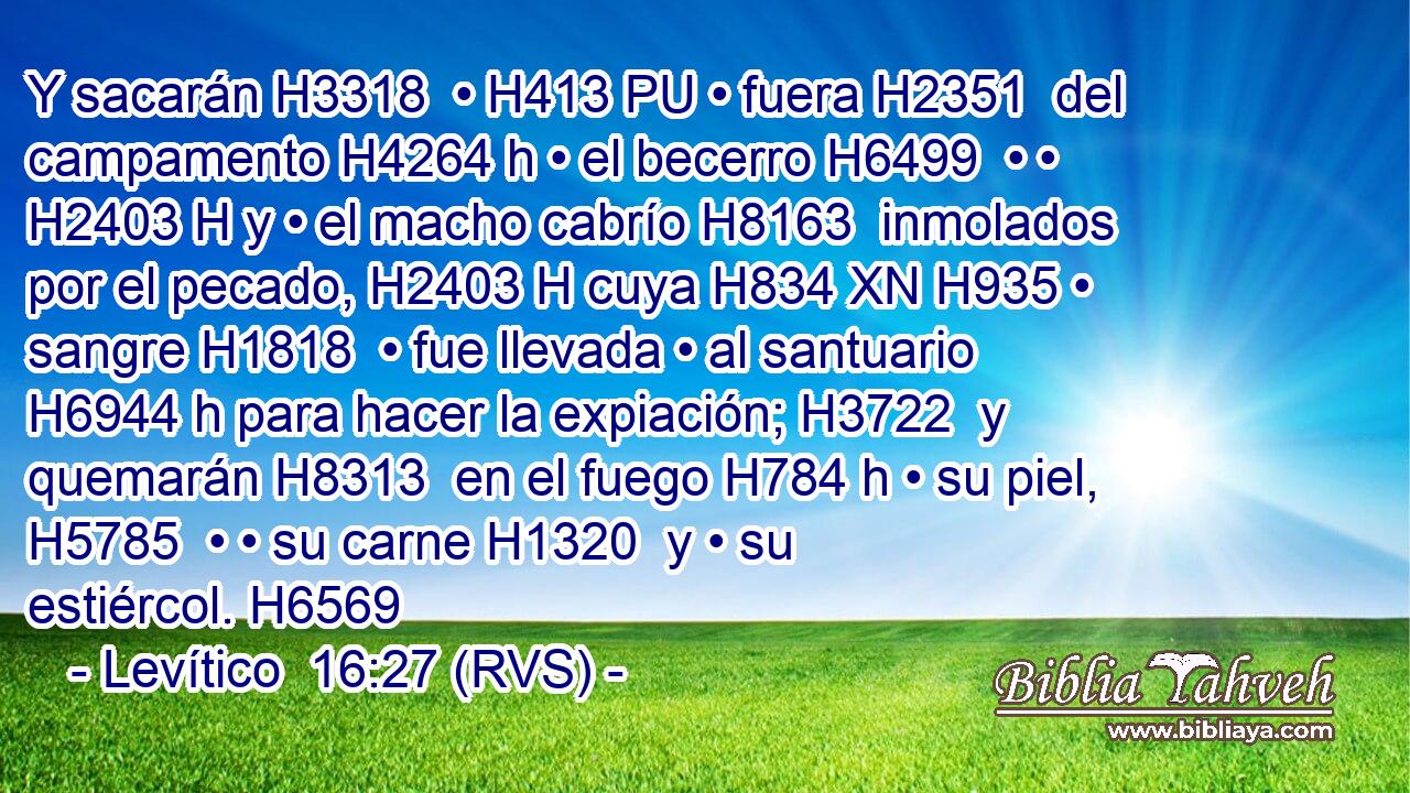 Y sacarán H3318  • H413 PU • fuera H2351  del campamento H4264 h • el becerro H6499  • • H2403 H y • el macho cabrío H8163  inmolados por el pecado, H2403 H cuya H834 XN H935 • sangre H1818  • fue llevada • al santuario H6944 h para hacer la expiación; H3722  y quemarán H8313  en el fuego H784 h • su piel, H5785  • • su carne H1320  y • su estiércol. H6569  