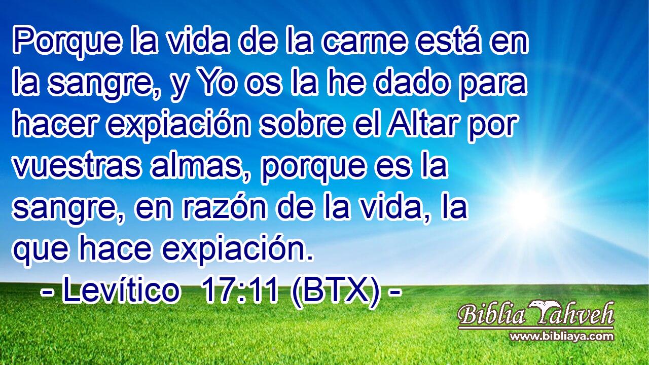 Porque la vida de la carne está en la sangre, y Yo os la he dado para hacer expiación sobre el Altar por vuestras almas, porque es la sangre, en razón de la vida, la que hace expiación.