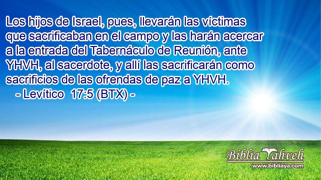 Los hijos de Israel, pues, llevarán las víctimas que sacrificaban en el campo y las harán acercar a la entrada del Tabernáculo de Reunión, ante YHVH, al sacerdote, y allí las sacrificarán como sacrificios de las ofrendas de paz a YHVH.