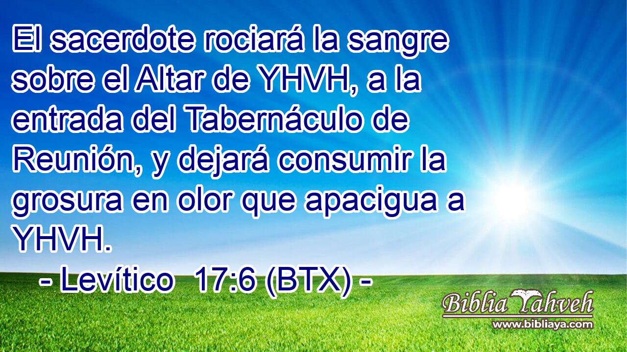 El sacerdote rociará la sangre sobre el Altar de YHVH, a la entrada del Tabernáculo de Reunión, y dejará consumir la grosura en olor que apacigua a YHVH.