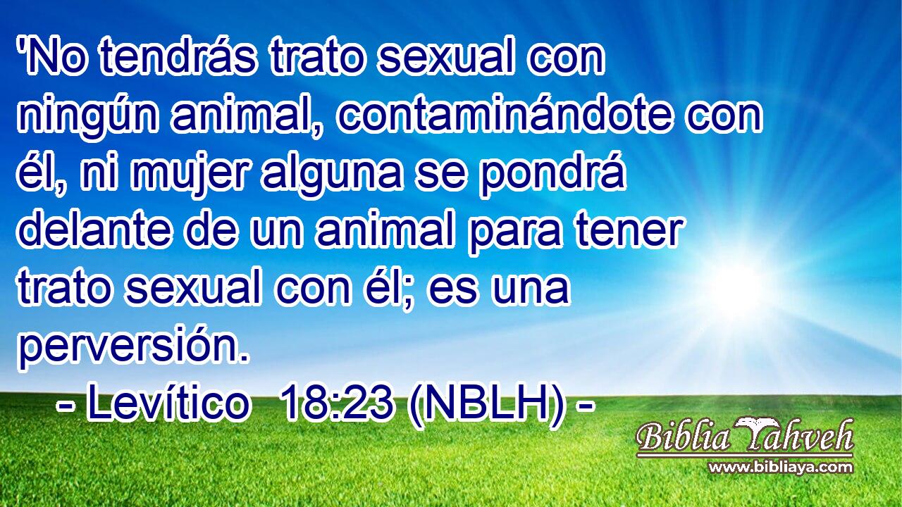  'No tendrás trato sexual con ningún animal, contaminándote con él, ni mujer alguna se pondrá delante de un animal para tener trato sexual con él; es una perversión. 