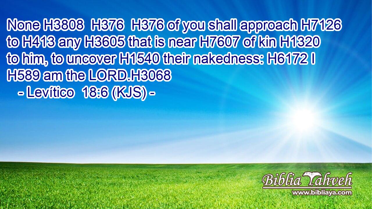 None H3808  H376  H376 of you shall approach H7126 to H413 any H3605 that is near H7607 of kin H1320 to him, to uncover H1540 their nakedness: H6172 I H589 am the LORD.H3068