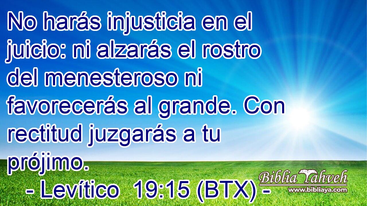 No harás injusticia en el juicio: ni alzarás el rostro del menesteroso ni favorecerás al grande. Con rectitud juzgarás a tu prójimo.
