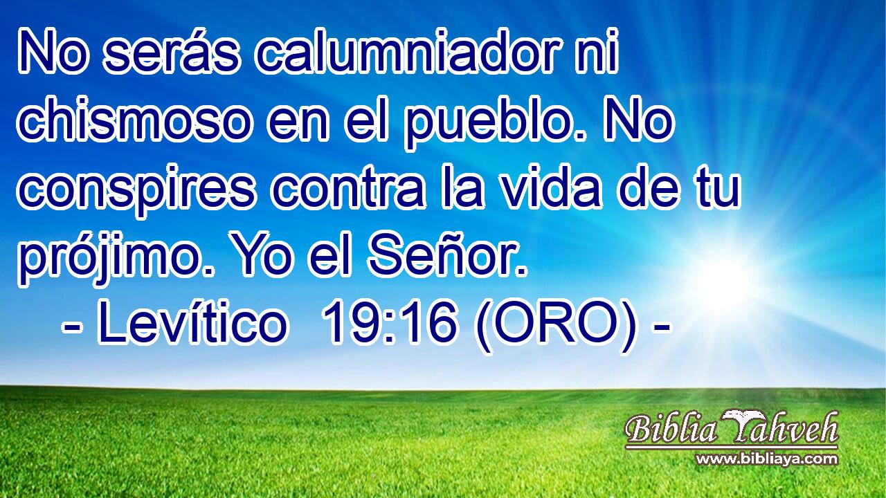  No serás calumniador ni chismoso en el pueblo. No conspires contra la vida de tu prójimo. Yo el Señor. 