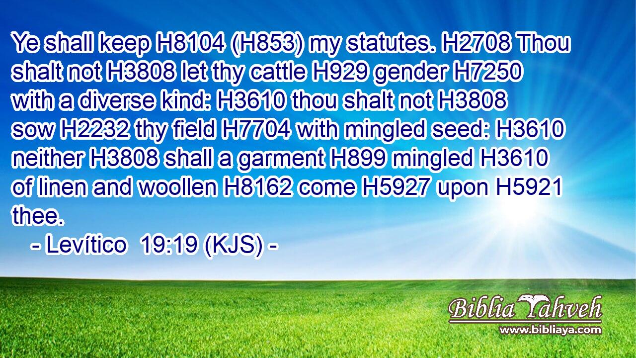 Ye shall keep H8104 (H853) my statutes. H2708 Thou shalt not H3808 let thy cattle H929 gender H7250 with a diverse kind: H3610 thou shalt not H3808 sow H2232 thy field H7704 with mingled seed: H3610 neither H3808 shall a garment H899 mingled H3610 of linen and woollen H8162 come H5927 upon H5921 thee.