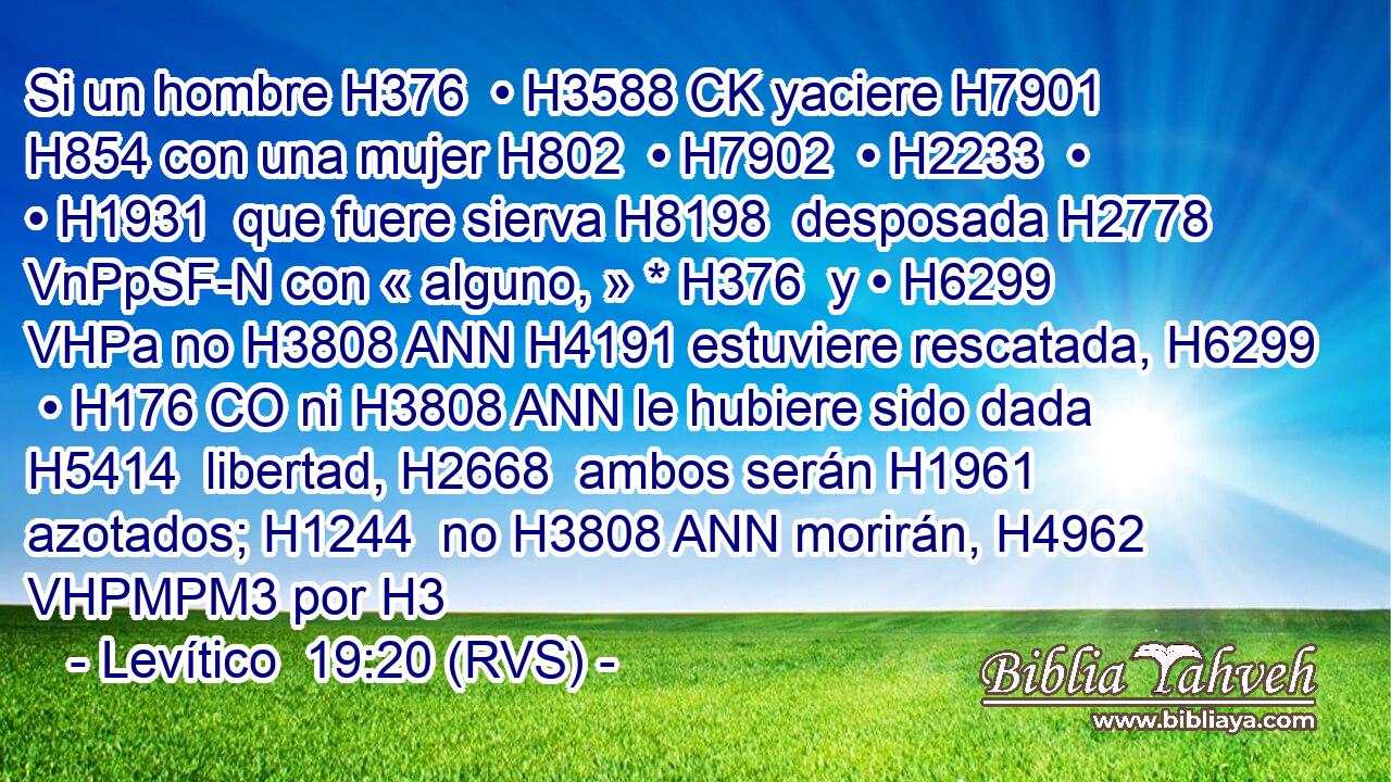 Si un hombre H376  • H3588 CK yaciere H7901  H854 con una mujer H802  • H7902  • H2233  • • H1931  que fuere sierva H8198  desposada H2778 VnPpSF-N con « alguno, » * H376  y • H6299 VHPa no H3808 ANN H4191 estuviere rescatada, H6299  • H176 CO ni H3808 ANN le hubiere sido dada H5414  libertad, H2668  ambos serán H1961  azotados; H1244  no H3808 ANN morirán, H4962 VHPMPM3 por H3