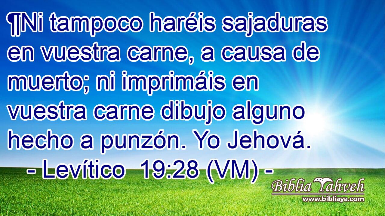 ¶Ni tampoco haréis sajaduras en vuestra carne, a causa de muerto; ni imprimáis en vuestra carne dibujo alguno hecho a punzón. Yo Jehová. 
