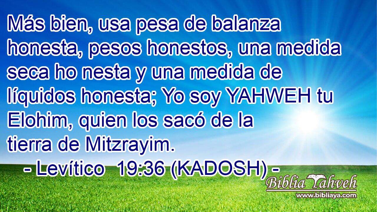  Más bien, usa pesa de balanza honesta, pesos honestos, una medida seca ho nesta y una medida de líquidos honesta; Yo soy YAHWEH tu Elohim, quien los sacó de la tierra de Mitzrayim. 