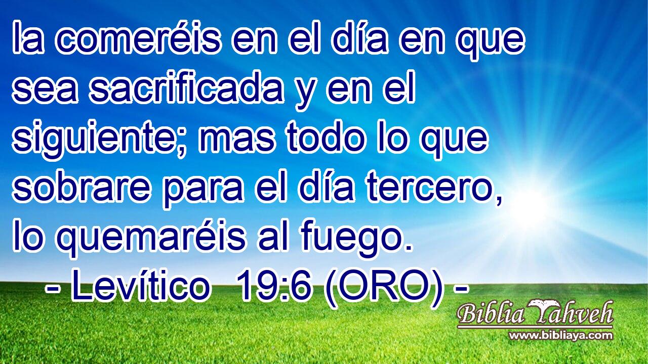  la comeréis en el día en que sea sacrificada y en el siguiente; mas todo lo que sobrare para el día tercero, lo quemaréis al fuego. 