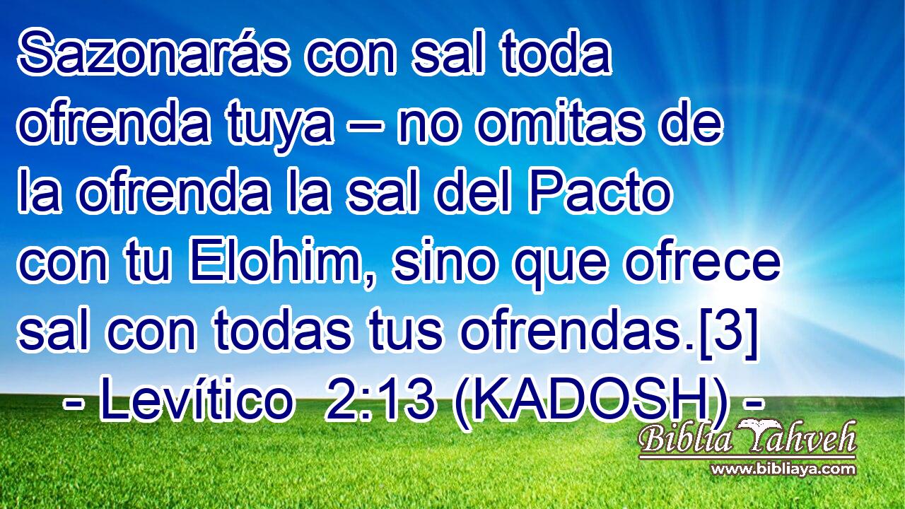  Sazonarás con sal toda ofrenda tuya – no omitas de la ofrenda la sal del Pacto con tu Elohim, sino que ofrece sal con todas tus ofrendas.[3] 