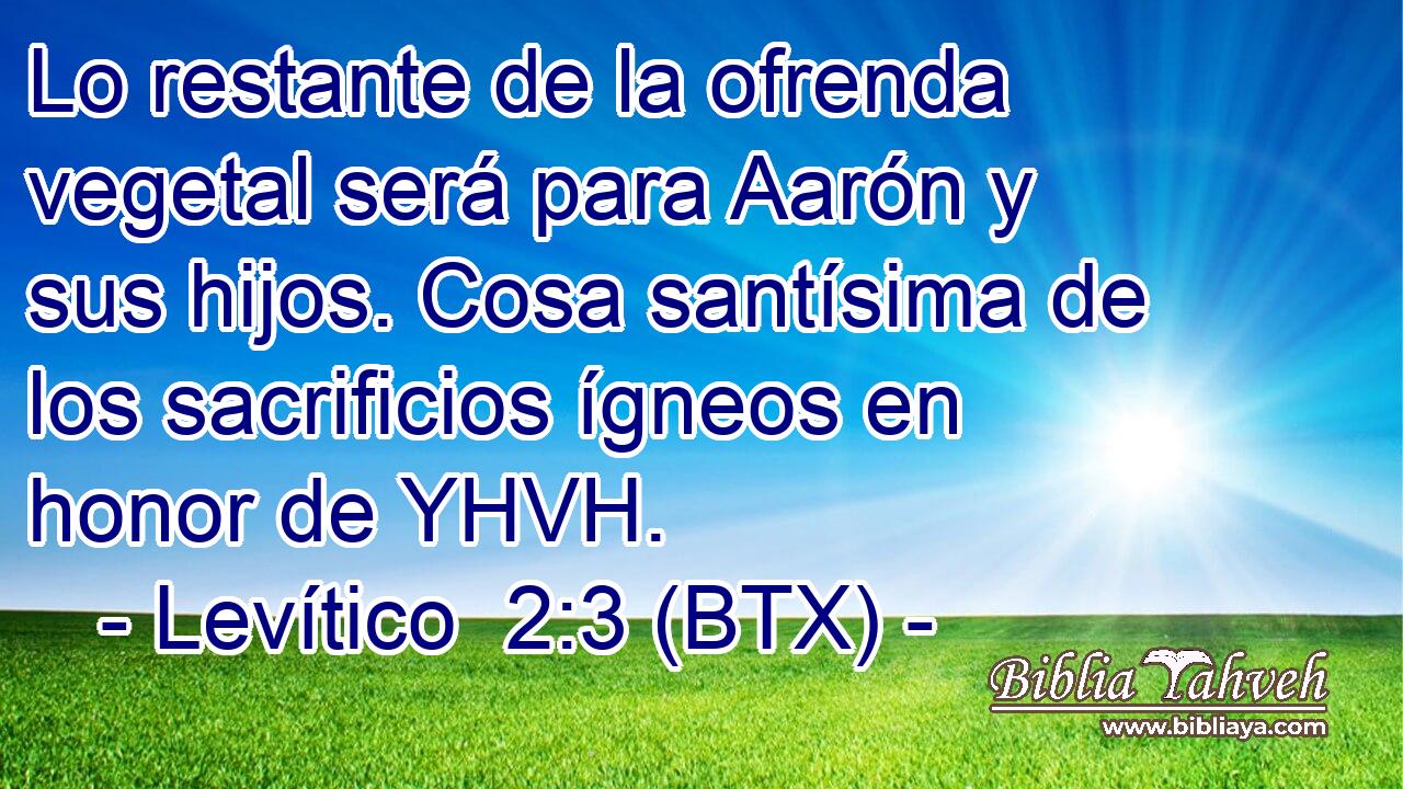Lo restante de la ofrenda vegetal será para Aarón y sus hijos. Cosa santísima de los sacrificios ígneos en honor de YHVH.
