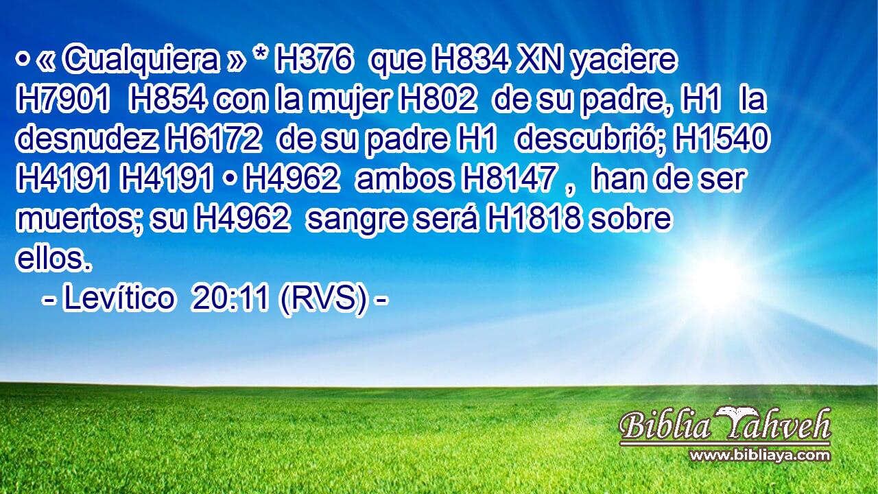 • « Cualquiera » * H376  que H834 XN yaciere H7901  H854 con la mujer H802  de su padre, H1  la desnudez H6172  de su padre H1  descubrió; H1540  H4191 H4191 • H4962  ambos H8147 ,  han de ser muertos; su H4962  sangre será H1818 sobre ellos. 