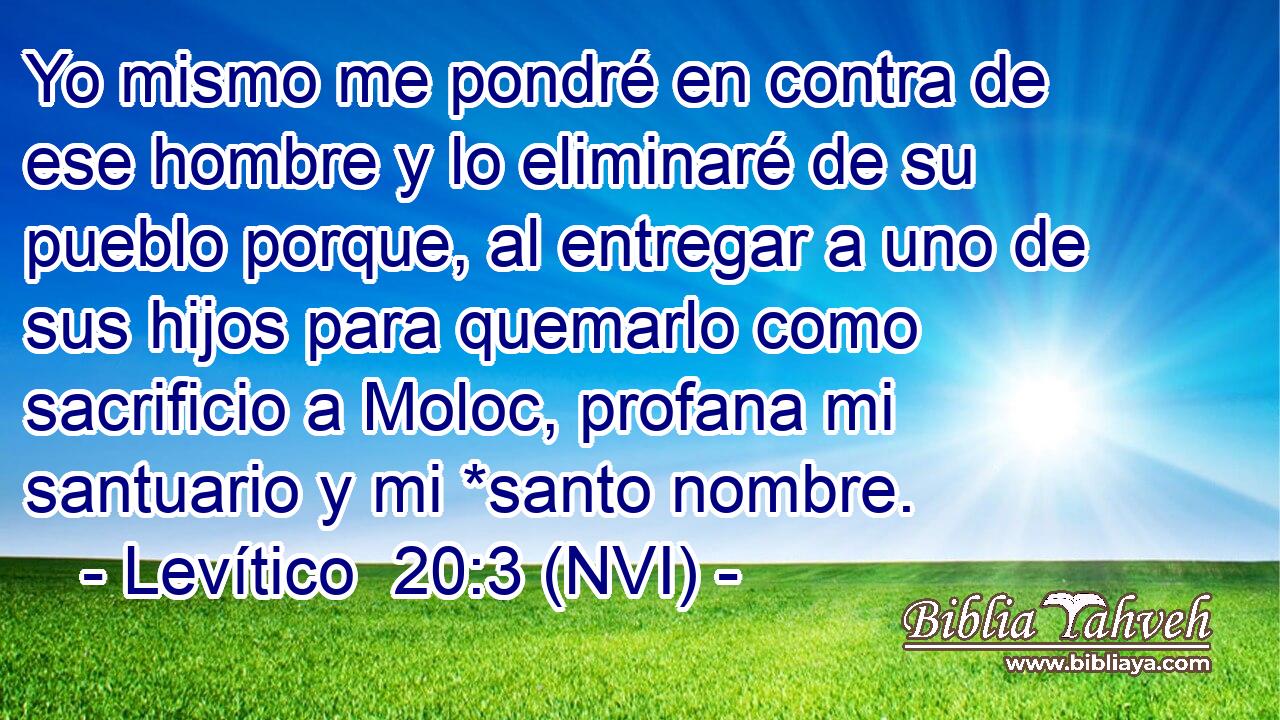  Yo mismo me pondré en contra de ese hombre y lo eliminaré de su pueblo porque, al entregar a uno de sus hijos para quemarlo como sacrificio a Moloc, profana mi santuario y mi *santo nombre. 