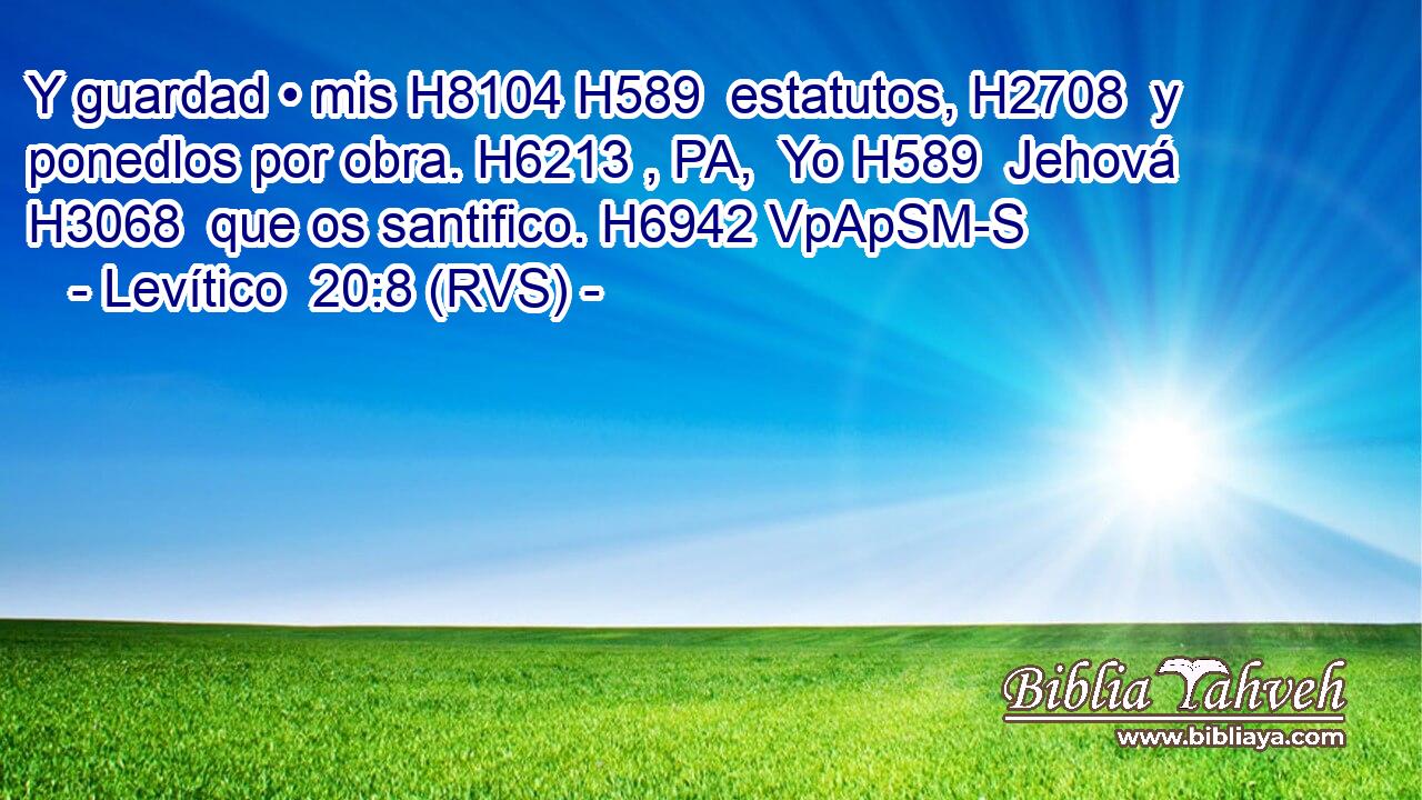 Y guardad • mis H8104 H589  estatutos, H2708  y ponedlos por obra. H6213 , PA,  Yo H589  Jehová H3068  que os santifico. H6942 VpApSM-S 