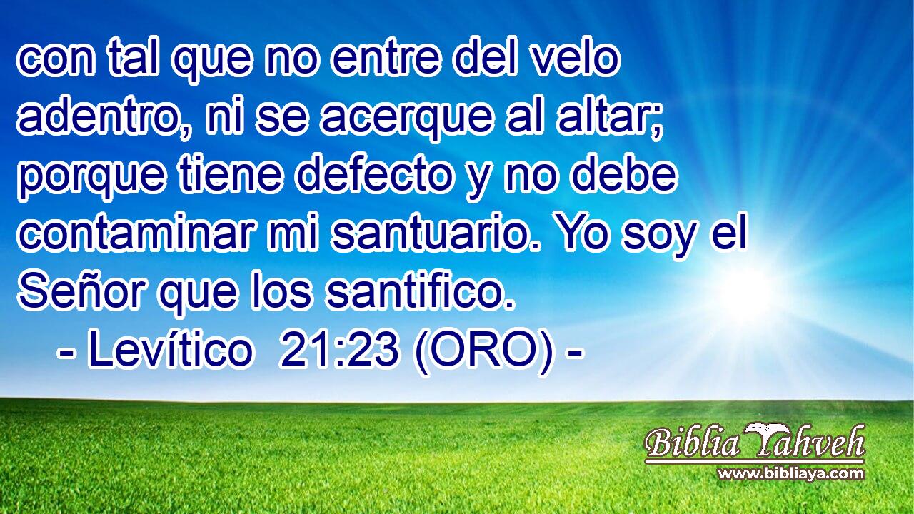  con tal que no entre del velo adentro, ni se acerque al altar; porque tiene defecto y no debe contaminar mi santuario. Yo soy el Señor que los santifico. 