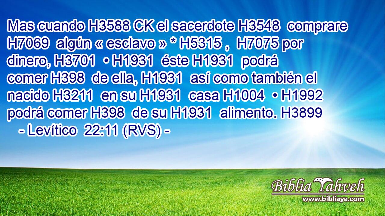 Mas cuando H3588 CK el sacerdote H3548  comprare H7069  algún « esclavo » * H5315 ,  H7075 por dinero, H3701  • H1931  éste H1931  podrá comer H398  de ella, H1931  así como también el nacido H3211  en su H1931  casa H1004  • H1992  podrá comer H398  de su H1931  alimento. H3899  