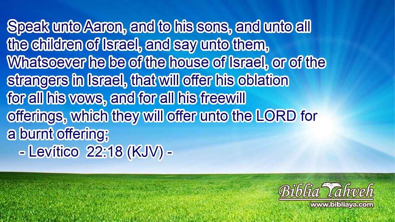 Speak unto Aaron, and to his sons, and unto all the children of Israel, and say unto them, Whatsoever he be of the house of Israel, or of the strangers in Israel, that will offer his oblation for all his vows, and for all his freewill offerings, which they will offer unto the LORD for a burnt offering;