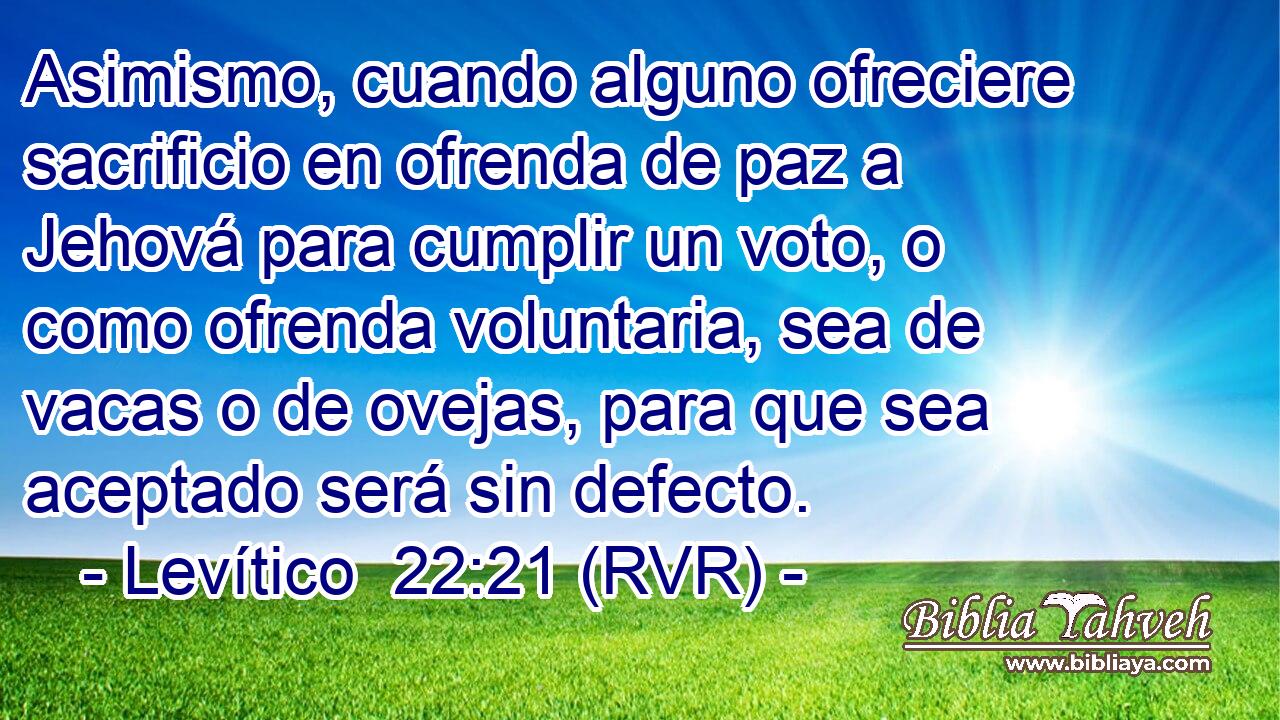 Asimismo, cuando alguno ofreciere sacrificio en ofrenda de paz a Jehová para cumplir un voto, o como ofrenda voluntaria, sea de vacas o de ovejas, para que sea aceptado será sin defecto.