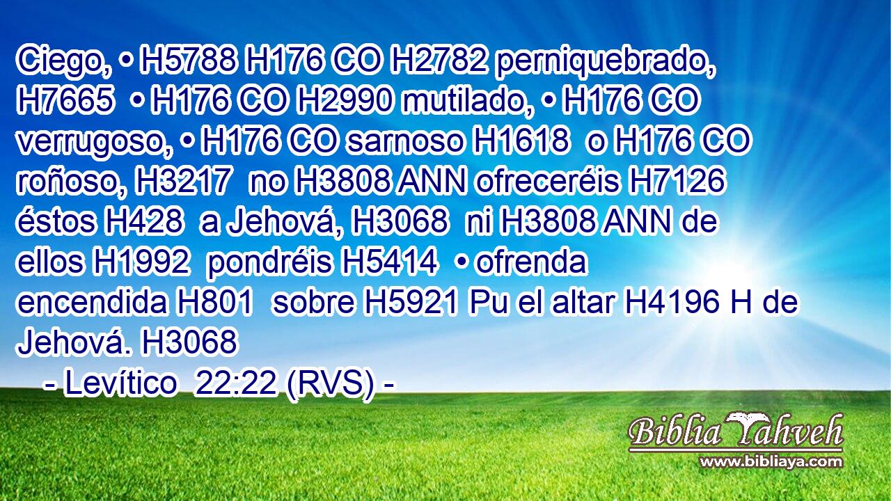 Ciego, • H5788 H176 CO H2782 perniquebrado, H7665  • H176 CO H2990 mutilado, • H176 CO verrugoso, • H176 CO sarnoso H1618  o H176 CO roñoso, H3217  no H3808 ANN ofreceréis H7126  éstos H428  a Jehová, H3068  ni H3808 ANN de ellos H1992  pondréis H5414  • ofrenda encendida H801  sobre H5921 Pu el altar H4196 H de Jehová. H3068  