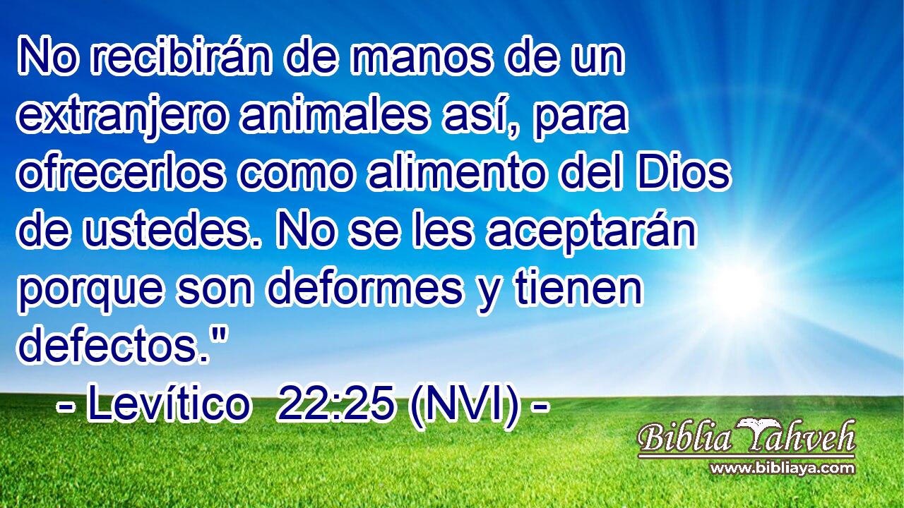  No recibirán de manos de un extranjero animales así, para ofrecerlos como alimento del Dios de ustedes. No se les aceptarán porque son deformes y tienen defectos.