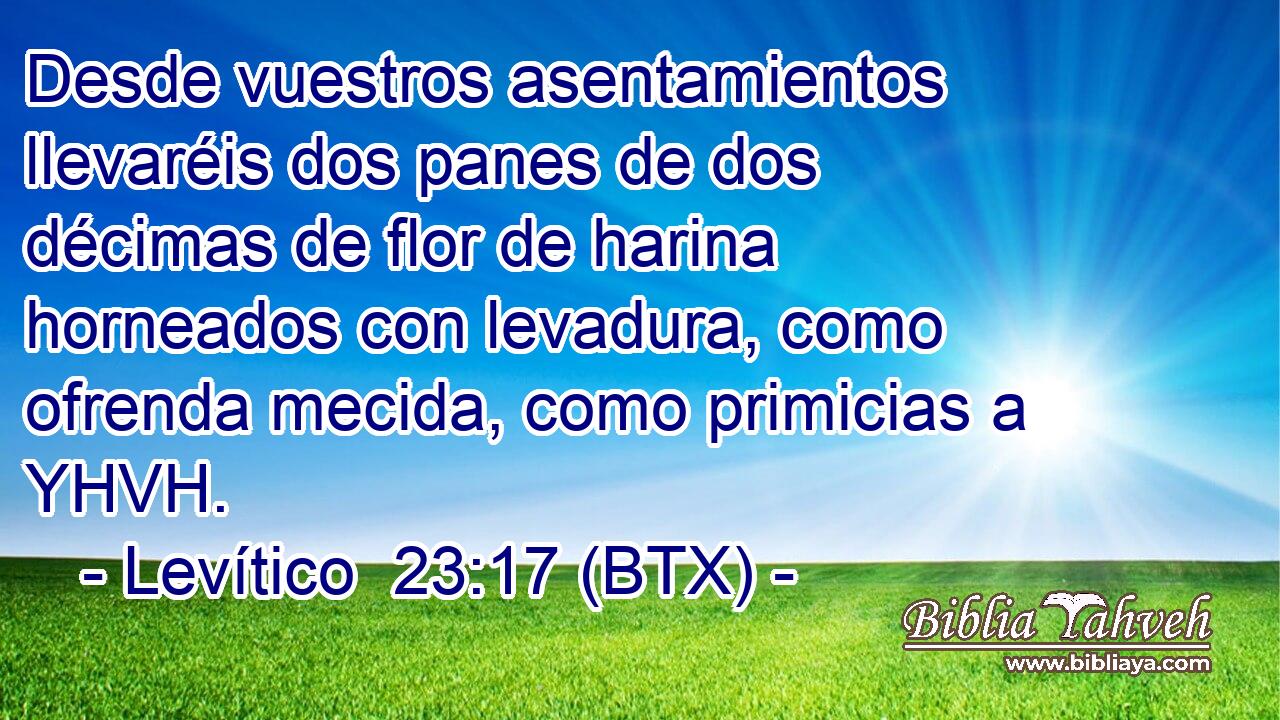 Desde vuestros asentamientos llevaréis dos panes de dos décimas de flor de harina horneados con levadura, como ofrenda mecida, como primicias a YHVH.