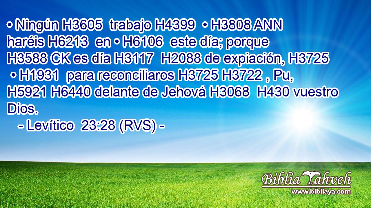 • Ningún H3605  trabajo H4399  • H3808 ANN haréis H6213  en • H6106  este día; porque H3588 CK es día H3117  H2088 de expiación, H3725  • H1931  para reconciliaros H3725 H3722 , Pu,  H5921 H6440 delante de Jehová H3068  H430 vuestro Dios. 