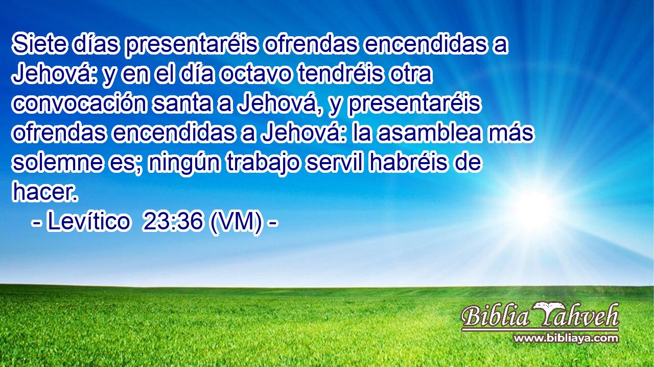  Siete días presentaréis ofrendas encendidas a Jehová: y en el día octavo tendréis otra convocación santa a Jehová, y presentaréis ofrendas encendidas a Jehová: la asamblea más solemne es; ningún trabajo servil habréis de hacer. 
