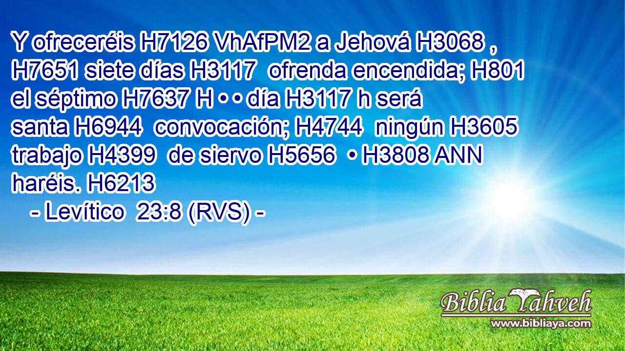 Y ofreceréis H7126 VhAfPM2 a Jehová H3068 ,  H7651 siete días H3117  ofrenda encendida; H801  el séptimo H7637 H • • día H3117 h será santa H6944  convocación; H4744  ningún H3605  trabajo H4399  de siervo H5656  • H3808 ANN haréis. H6213  