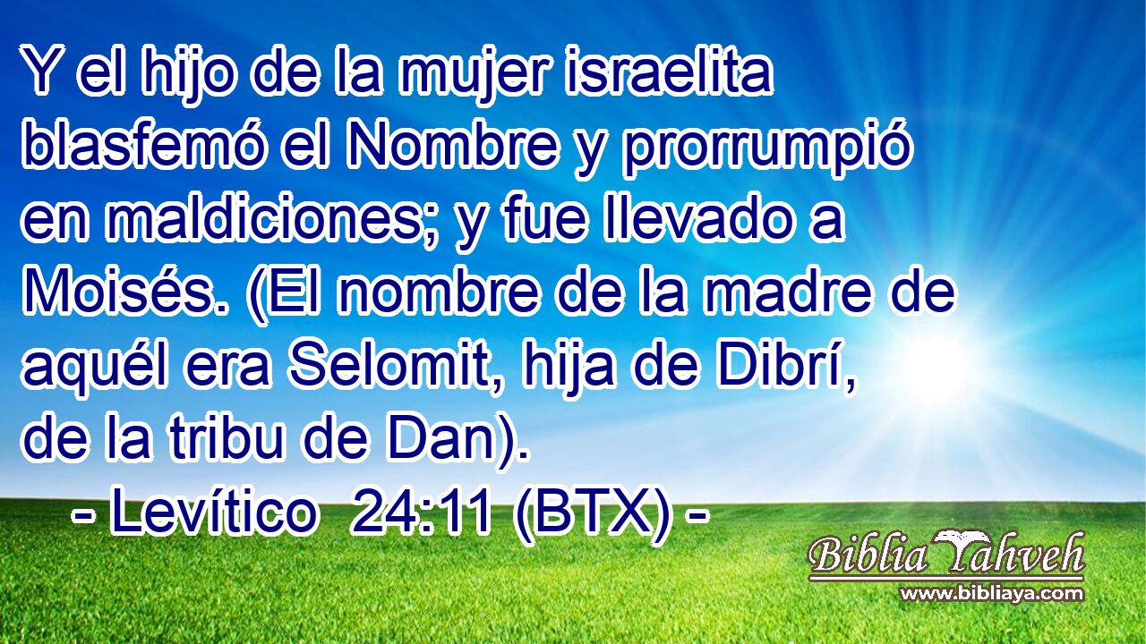 Y el hijo de la mujer israelita blasfemó el Nombre y prorrumpió en maldiciones; y fue llevado a Moisés. (El nombre de la madre de aquél era Selomit, hija de Dibrí, de la tribu de Dan).