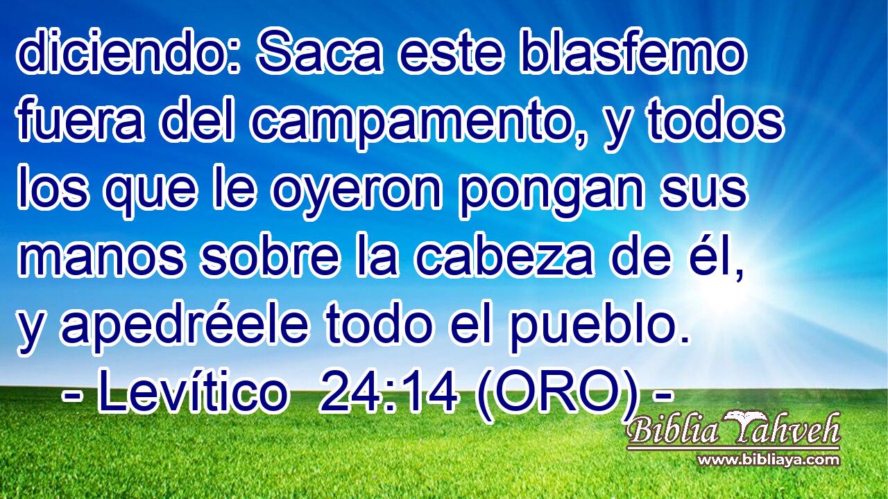 diciendo: Saca este blasfemo fuera del campamento, y todos los que le oyeron pongan sus manos sobre la cabeza de él, y apedréele todo el pueblo. 