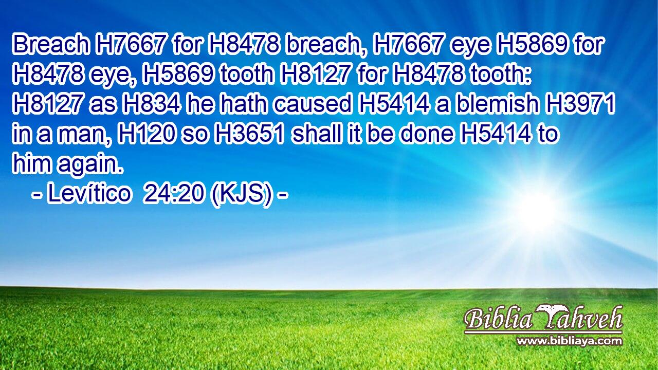 Breach H7667 for H8478 breach, H7667 eye H5869 for H8478 eye, H5869 tooth H8127 for H8478 tooth: H8127 as H834 he hath caused H5414 a blemish H3971 in a man, H120 so H3651 shall it be done H5414 to him again.