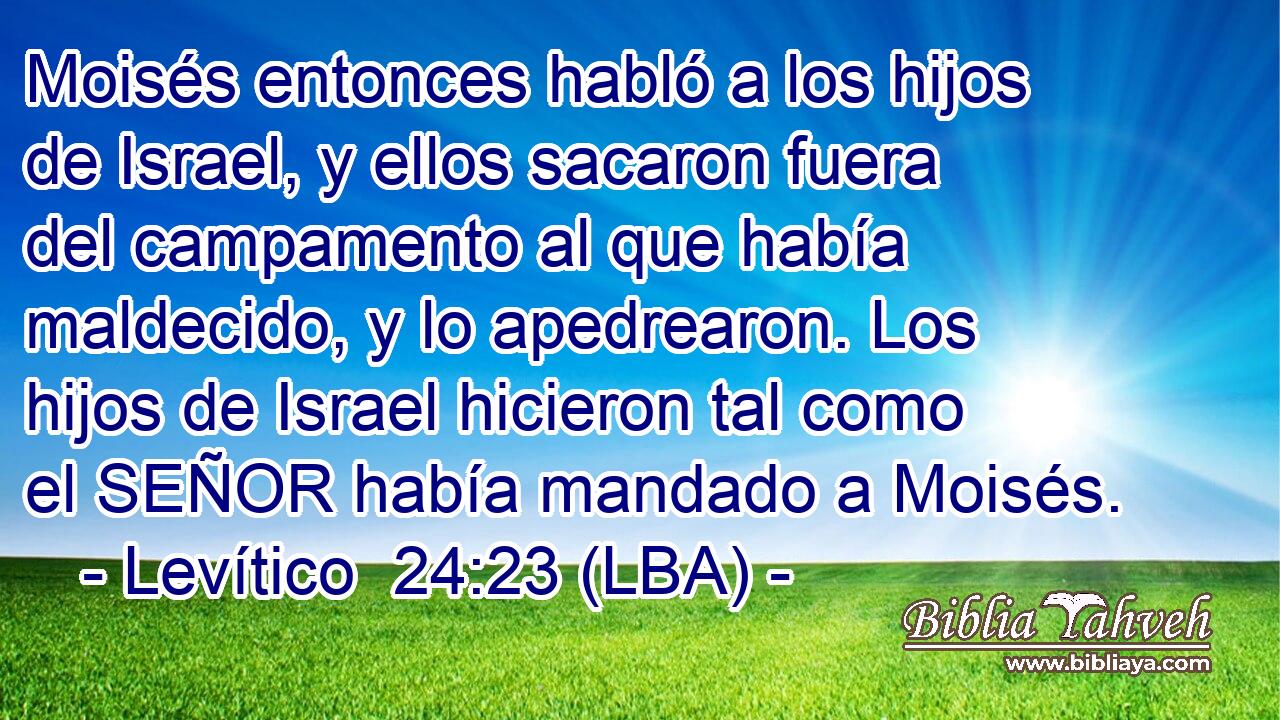Moisés entonces habló a los hijos de Israel, y ellos sacaron fuera del campamento al que había maldecido, y lo apedrearon. Los hijos de Israel hicieron tal como el SEÑOR había mandado a Moisés.