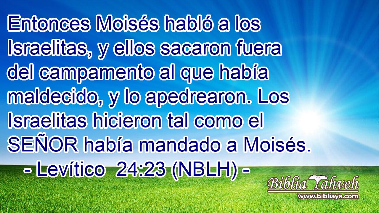  Entonces Moisés habló a los Israelitas, y ellos sacaron fuera del campamento al que había maldecido, y lo apedrearon. Los Israelitas hicieron tal como el SEÑOR había mandado a Moisés. 