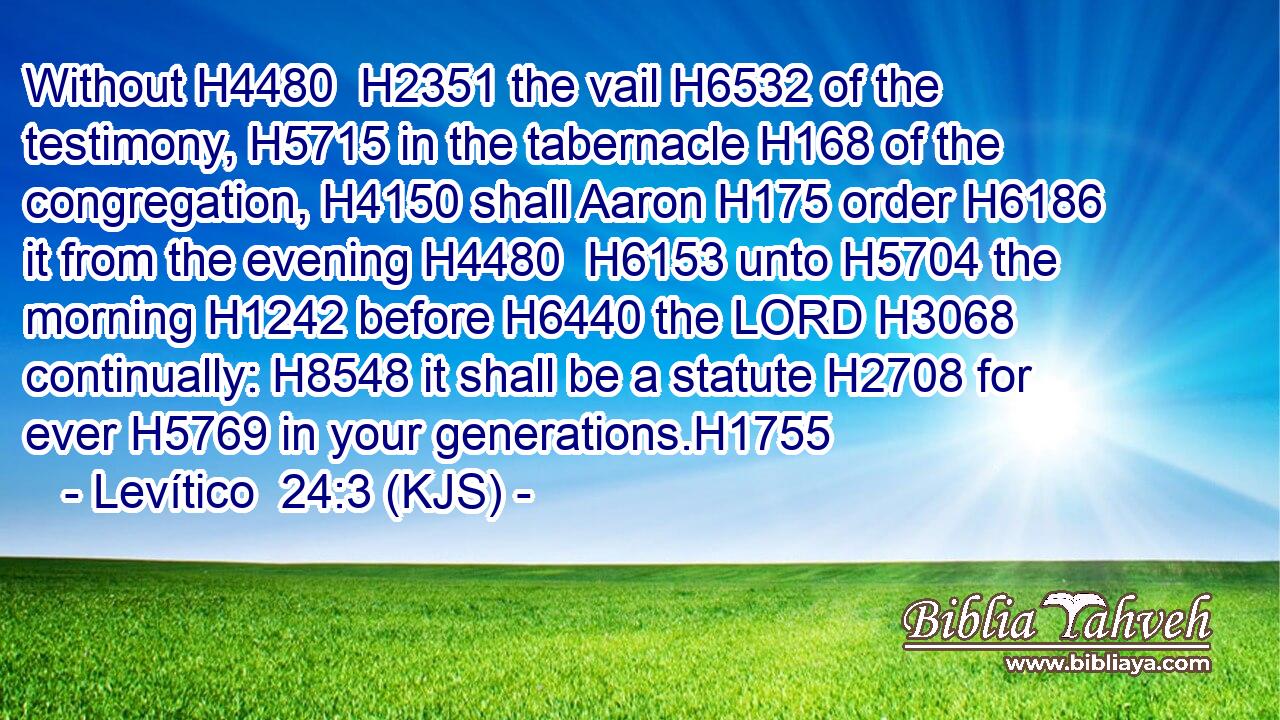 Without H4480  H2351 the vail H6532 of the testimony, H5715 in the tabernacle H168 of the congregation, H4150 shall Aaron H175 order H6186 it from the evening H4480  H6153 unto H5704 the morning H1242 before H6440 the LORD H3068 continually: H8548 it shall be a statute H2708 for ever H5769 in your generations.H1755