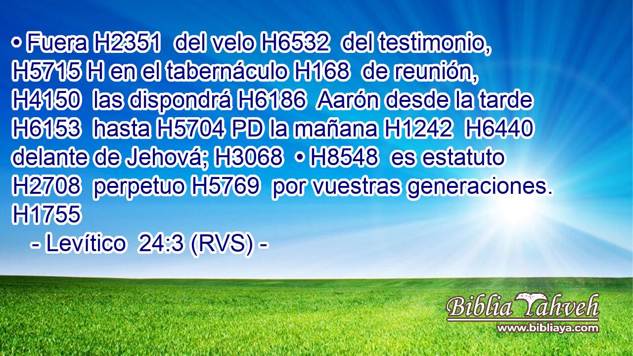• Fuera H2351  del velo H6532  del testimonio, H5715 H en el tabernáculo H168  de reunión, H4150  las dispondrá H6186  Aarón desde la tarde H6153  hasta H5704 PD la mañana H1242  H6440 delante de Jehová; H3068  • H8548  es estatuto H2708  perpetuo H5769  por vuestras generaciones. H1755  