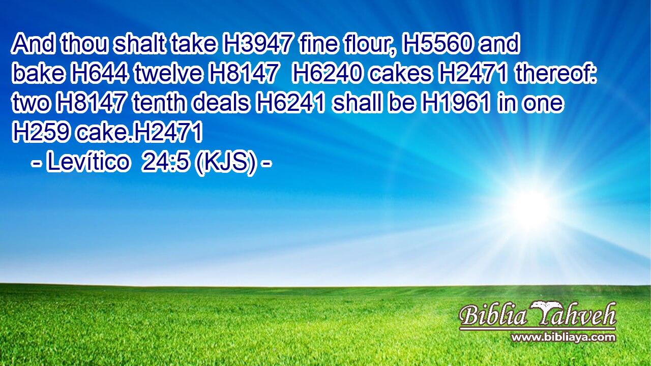And thou shalt take H3947 fine flour, H5560 and bake H644 twelve H8147  H6240 cakes H2471 thereof: two H8147 tenth deals H6241 shall be H1961 in one H259 cake.H2471