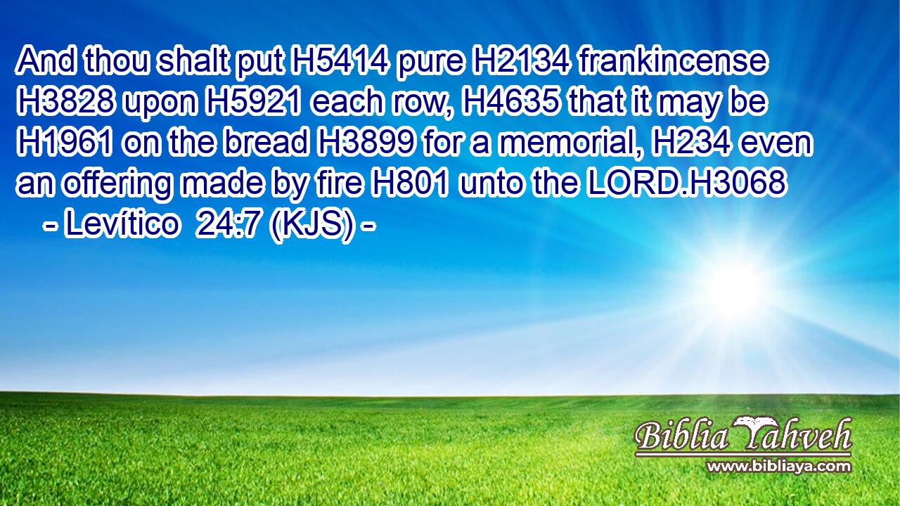And thou shalt put H5414 pure H2134 frankincense H3828 upon H5921 each row, H4635 that it may be H1961 on the bread H3899 for a memorial, H234 even an offering made by fire H801 unto the LORD.H3068