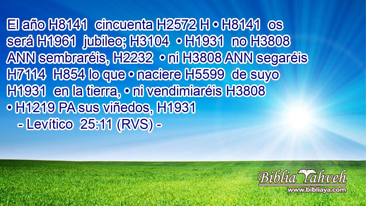El año H8141  cincuenta H2572 H • H8141  os será H1961  jubileo; H3104  • H1931  no H3808 ANN sembraréis, H2232  • ni H3808 ANN segaréis H7114  H854 lo que • naciere H5599  de suyo H1931  en la tierra, • ni vendimiaréis H3808  • H1219 PA sus viñedos, H1931  
