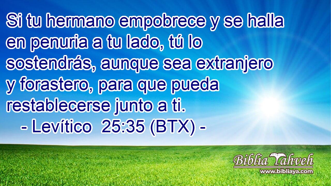 Si tu hermano empobrece y se halla en penuria a tu lado, tú lo sostendrás, aunque sea extranjero y forastero, para que pueda restablecerse junto a ti.