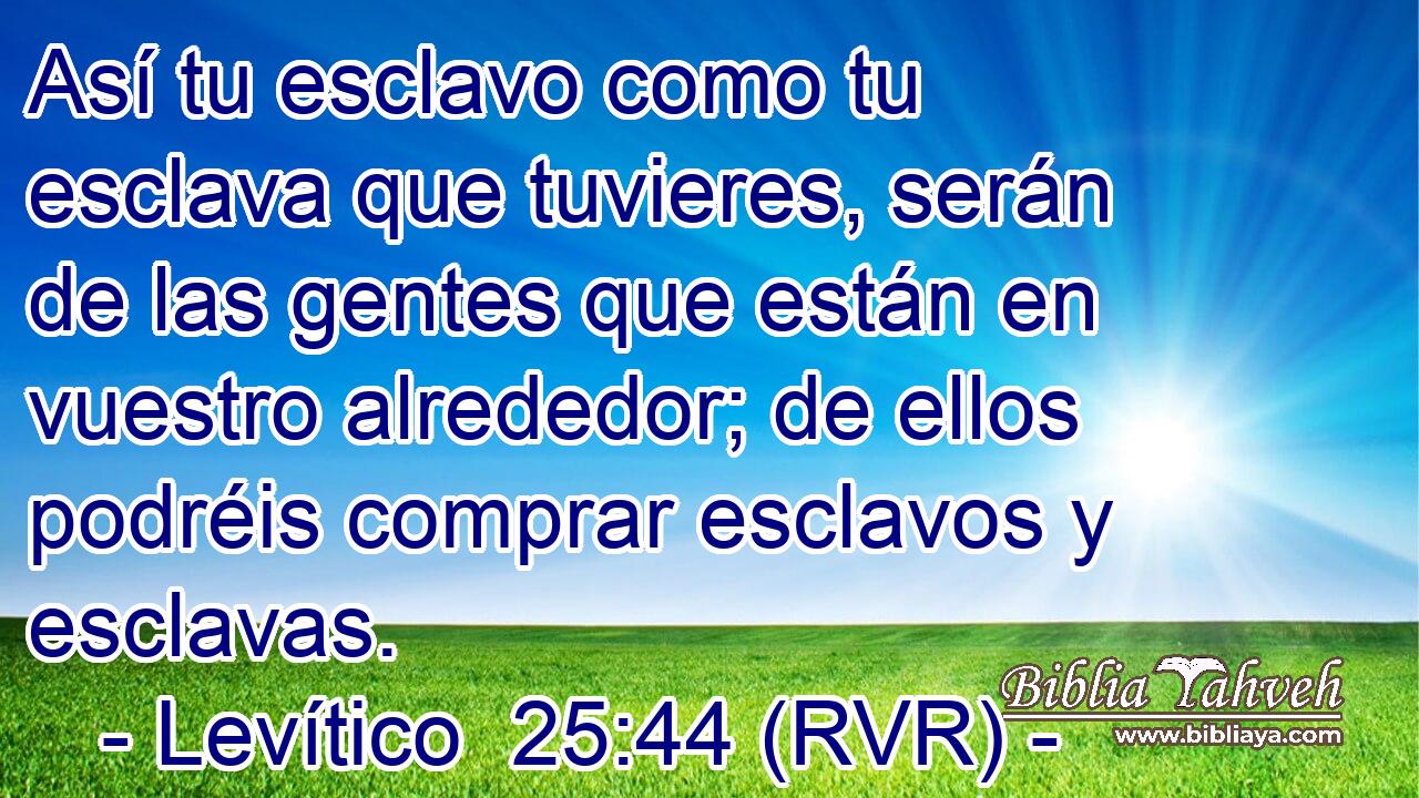 Así tu esclavo como tu esclava que tuvieres, serán de las gentes que están en vuestro alrededor; de ellos podréis comprar esclavos y esclavas.