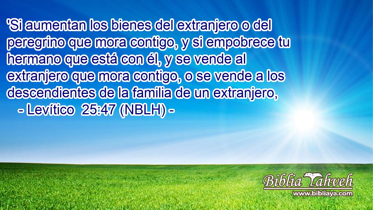  'Si aumentan los bienes del extranjero o del peregrino que mora contigo, y si empobrece tu hermano que está con él, y se vende al extranjero que mora contigo, o se vende a los descendientes de la familia de un extranjero, 