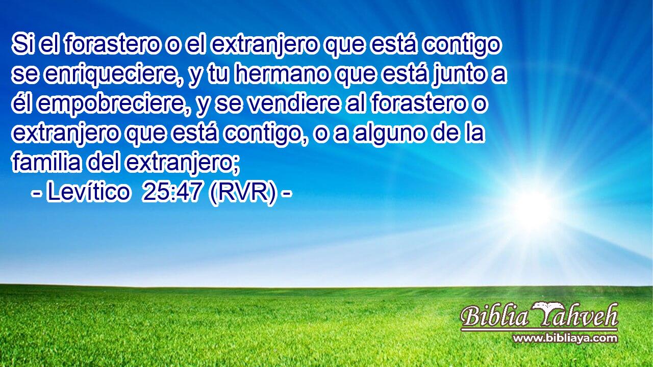 Si el forastero o el extranjero que está contigo se enriqueciere, y tu hermano que está junto a él empobreciere, y se vendiere al forastero o extranjero que está contigo, o a alguno de la familia del extranjero;