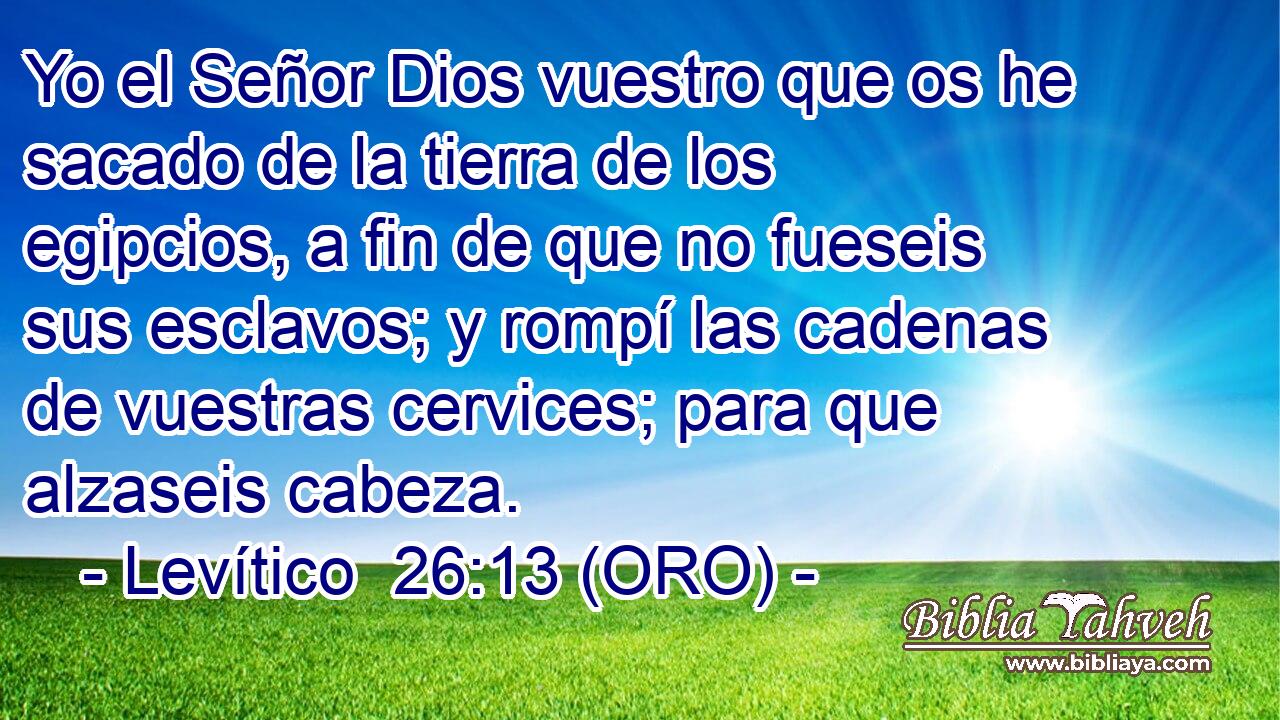  Yo el Señor Dios vuestro que os he sacado de la tierra de los egipcios, a fin de que no fueseis sus esclavos; y rompí las cadenas de vuestras cervices; para que alzaseis cabeza. 