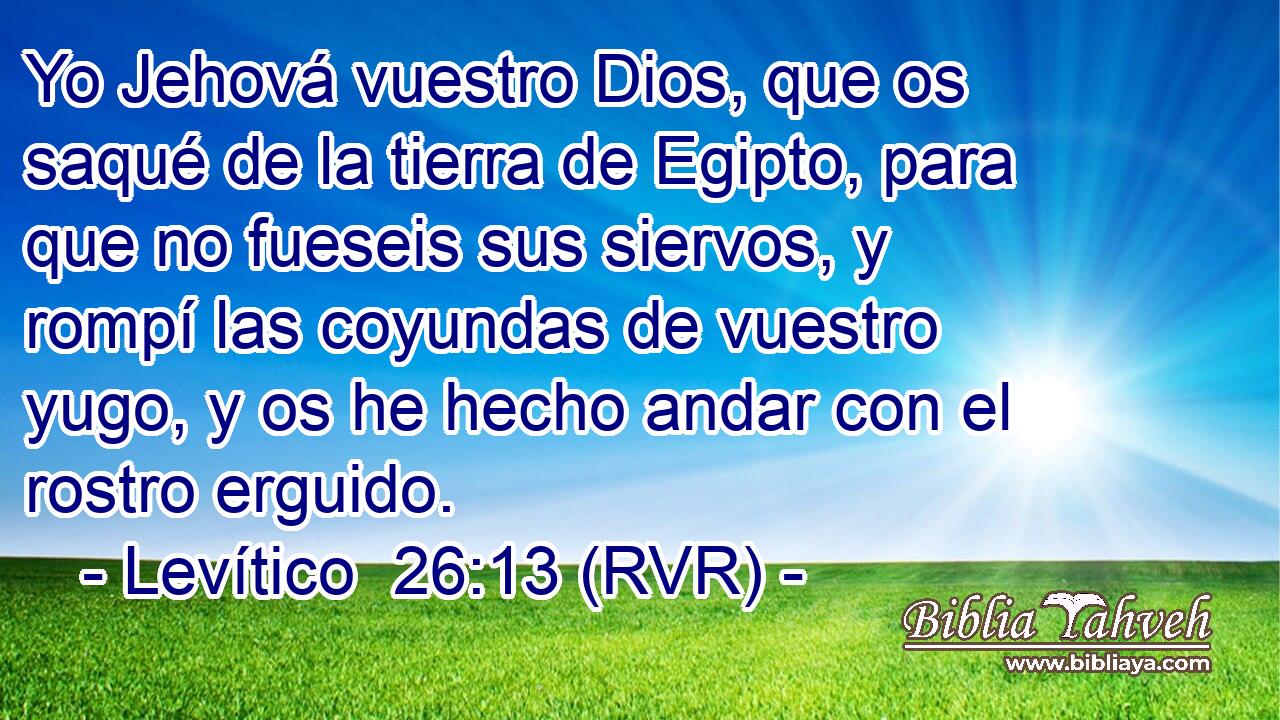 Yo Jehová vuestro Dios, que os saqué de la tierra de Egipto, para que no fueseis sus siervos, y rompí las coyundas de vuestro yugo, y os he hecho andar con el rostro erguido.