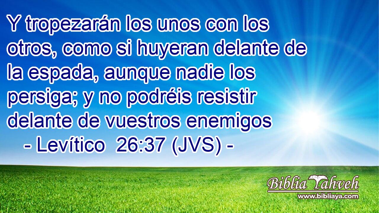Y tropezarán los unos con los otros, como si huyeran delante de la espada, aunque nadie los persiga; y no podréis resistir delante de vuestros enemigos