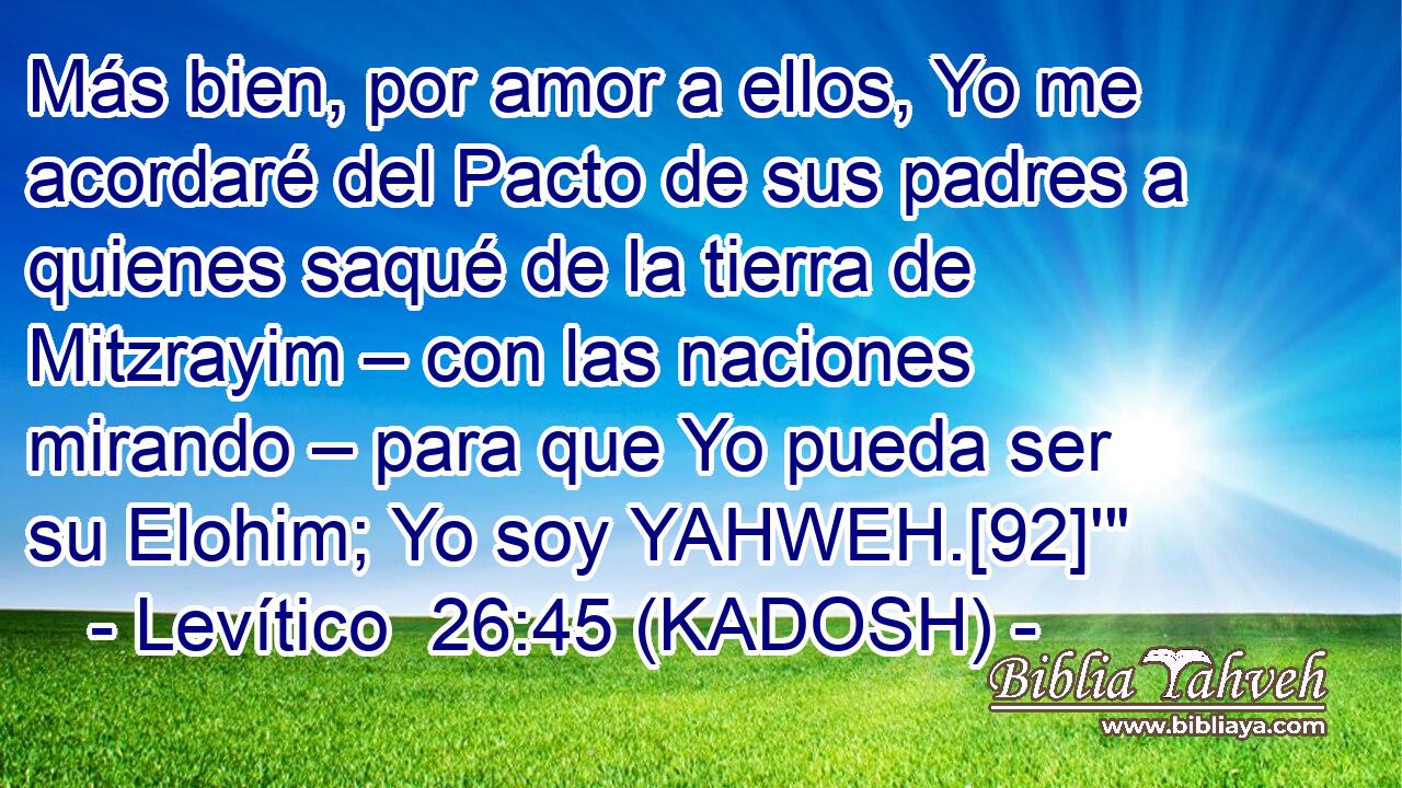 Más bien, por amor a ellos, Yo me acordaré del Pacto de sus padres a quienes saqué de la tierra de Mitzrayim – con las naciones mirando – para que Yo pueda ser su Elohim; Yo soy YAHWEH.[92]'
